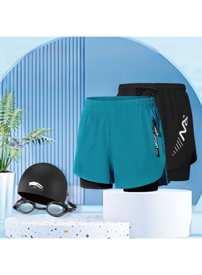 Loquat Swimming Trunks Men's Anti-embarrassment Double-layer Quick-drying Swimsuit Set Hot Springs Professional Swimming Lined Loose Swimsuit For Boys-Color:Black And Blue Two-piece Beach Surfing Swimming】- - Image 2