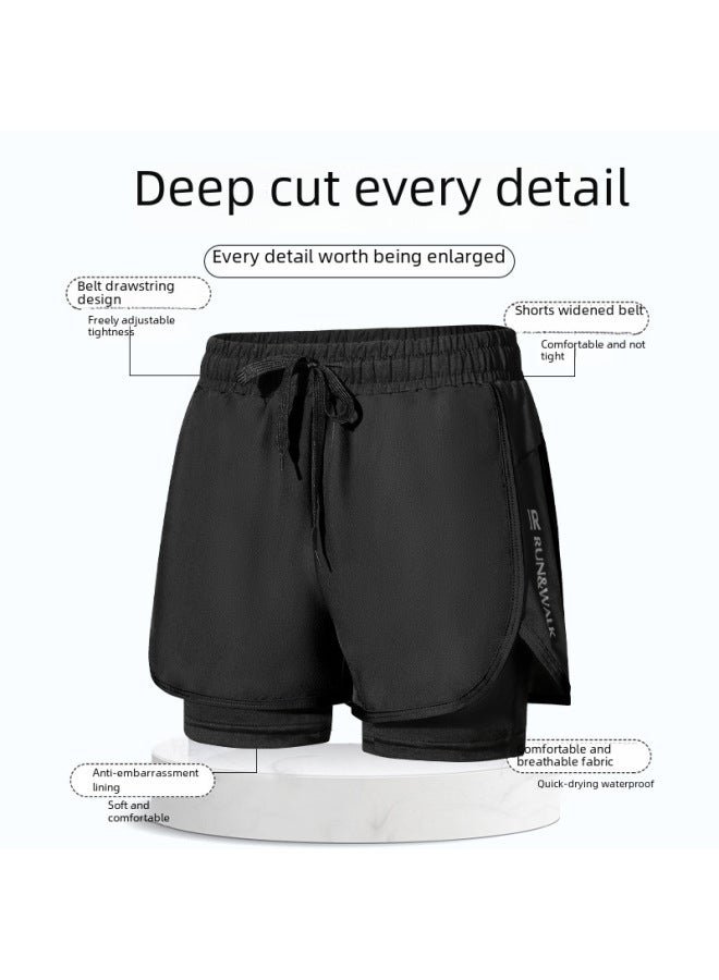 Loquat Swimming Trunks Men's Anti-embarrassment Double-layer Quick-drying Swimsuit Set Hot Springs Professional Swimming Lined Loose Swimsuit For Boys-Color:Black And Blue Two-piece Beach Surfing Swimming】- - Image 3