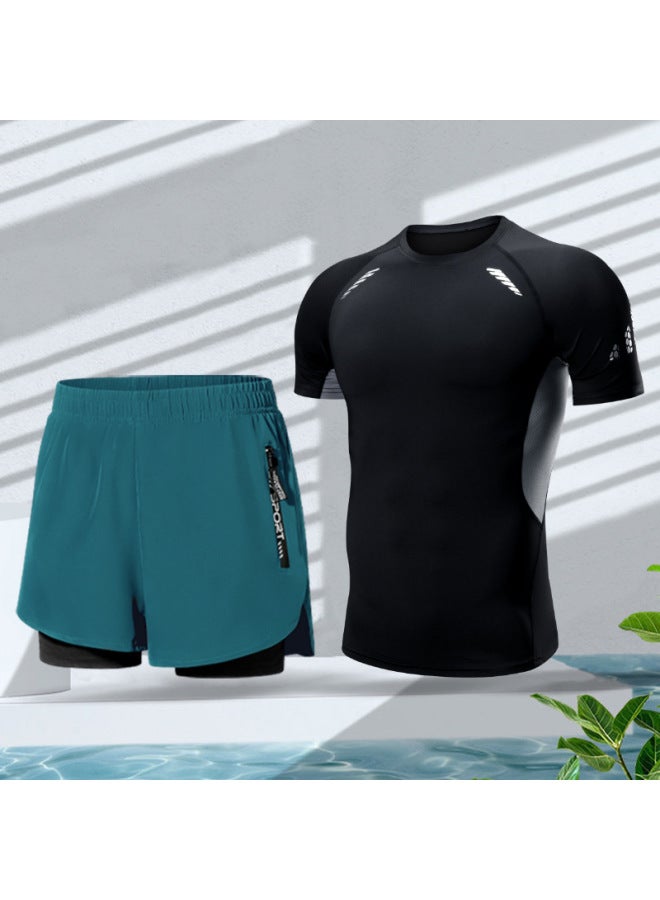 Loquat Swimming Trunks Men's Anti-embarrassment Double-layer Quick-drying Swimsuit Set Hot Springs Professional Swimming Lined Loose Swimsuit For Boys-Color:Black And Blue Two-piece Beach Surfing Swimming】- - Image 1