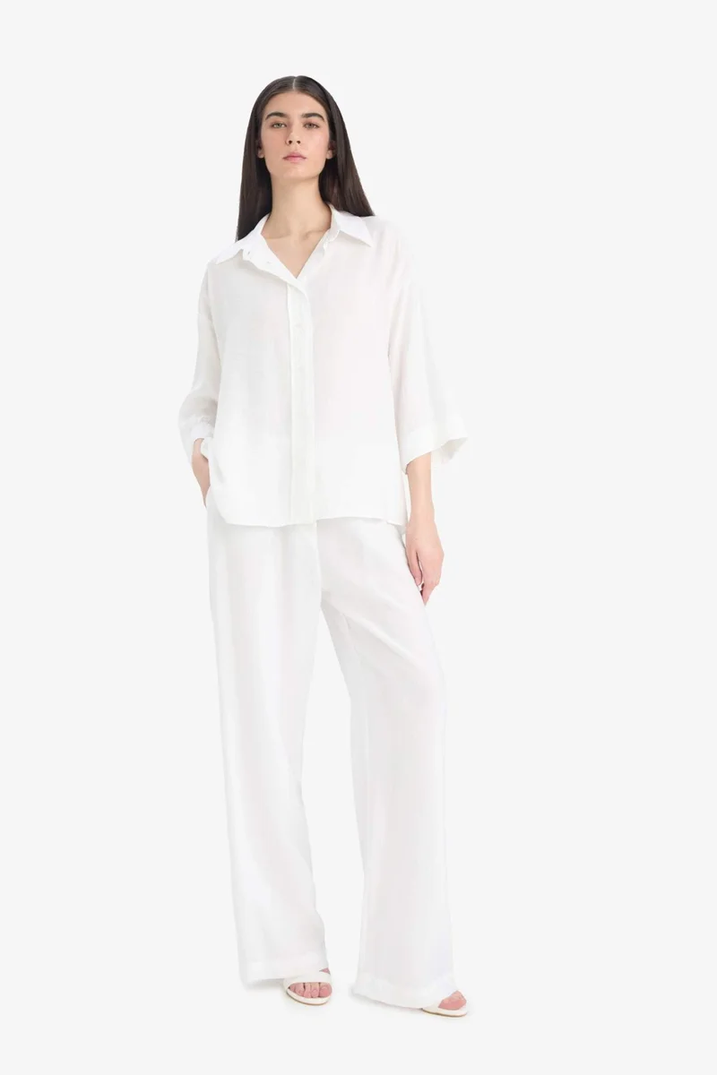ديفاكتو Oversize Shirt Collar Crinkle Fabric Long Sleeve Shirt