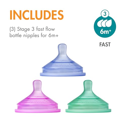 BOON حلمات زجاجات الأطفال من بون نورش بلاتينيوم آمنة للطعام - تدفق سريع - مستلزمات تغذية زجاجات الأطفال تناسب جميع زجاجات بون نورش - ألوان متداخلة - 3 قطع - للأعمار من 6 أشهر وما فوق - Image 3