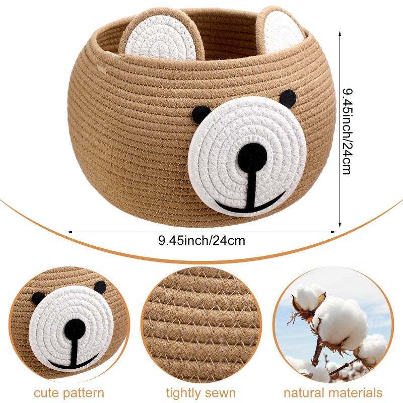 Uiifan 3 Pcs Baby Laundry Basket Bear Cute Round Cotton Rope Basket for Newborn Items Storage, Clothes, Toy, Blankets, Towels, Nursery, 9.45 x 9.45 Inches, Brown - Image 2