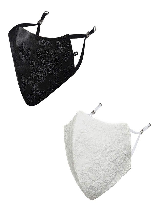 MASQ By Q-One Crystal 4 Layer, Anti-Bacterial Reusable LDPE Satin Cloth Mask Combo with Detachable Chain & Ear Adjuster for Women - Includes Mask Bag (Large, Black-White, Without Valve, Pack of 2) - Image 1