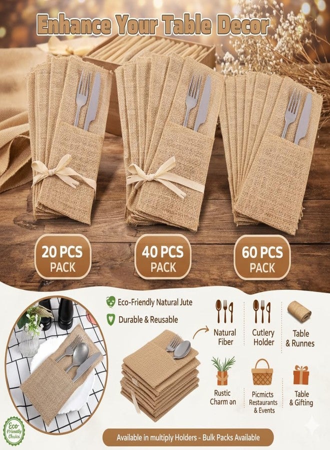 Metsi Burlap Cutlery Holders, Rustic Jute Silverware Pouches, Eco-Friendly Table Decor for Wedding, Party, Event & Dining Table Setup (40) - Image 3