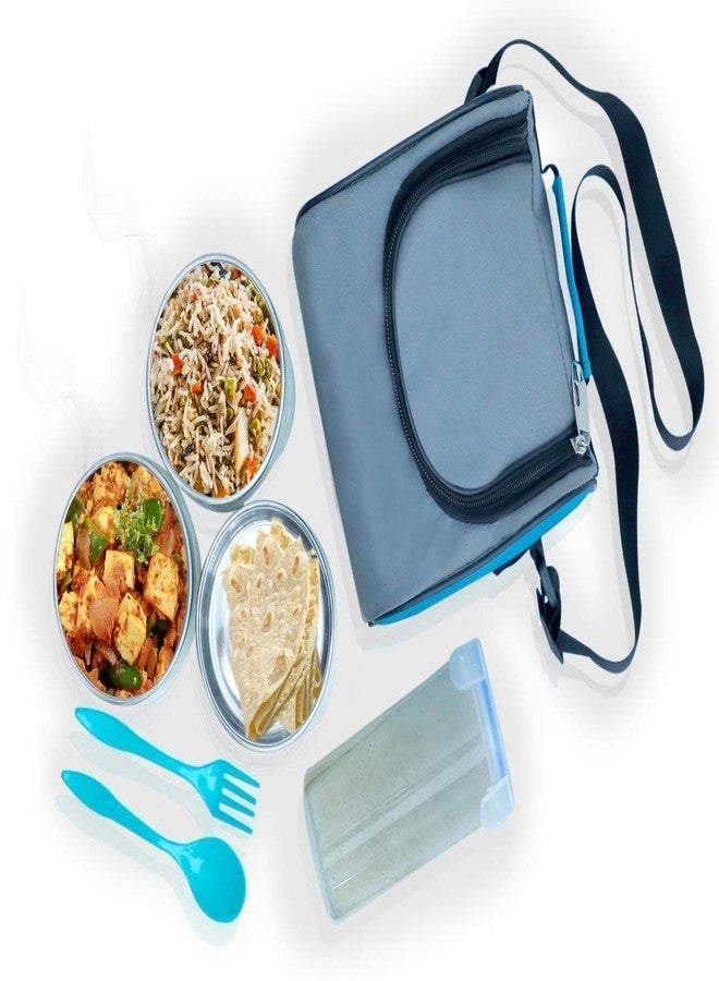 Lumevo Tiffin Box/Lunch Box | 3 Stainless Steel Containers with Plastic Lid | Spoon & Fork Included | Insulated Fabric Bag | Leak-Proof & Microwave Safe | Full Meal Carry | Sky Blue, 1100 ml - Image 5
