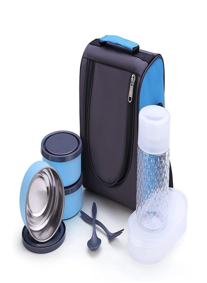 Lumevo Tiffin Box/Lunch Box | 3 Stainless Steel Containers with Plastic Lid | Spoon & Fork Included | Insulated Fabric Bag | Leak-Proof & Microwave Safe | Full Meal Carry | Sky Blue, 1100 ml - Image 2