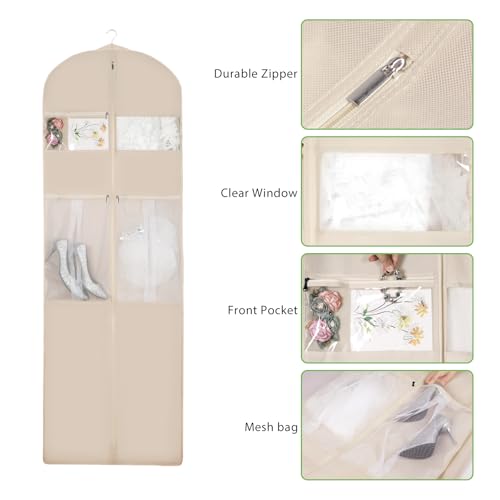 KEEGH Wedding Dress Garment Bag, 72” Tri-fold Bridal Dress Bags for Gowns, With Accessory Pockets and Adjustable Buckle Dress Cover for Wedding/Prom/Travel/Closet Storage (Beige) - Image 3
