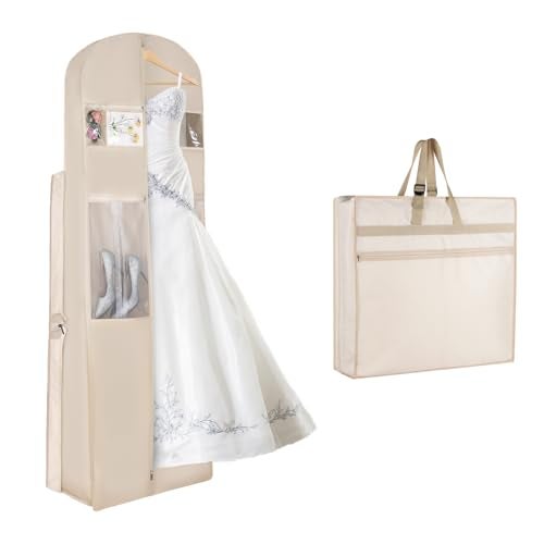 KEEGH Wedding Dress Garment Bag, 72” Tri-fold Bridal Dress Bags for Gowns, With Accessory Pockets and Adjustable Buckle Dress Cover for Wedding/Prom/Travel/Closet Storage (Beige) - Image 1