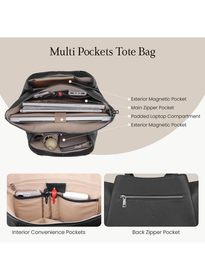 befen Black Genuine Leather Tote Bag for Women Work, Womens Tote Bags Shoulder Purses Totes with Compartments Handbags for Office Travel Casual - Image 1