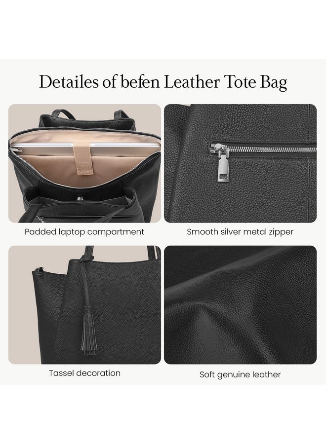 befen Black Genuine Leather Tote Bag for Women Work, Womens Tote Bags Shoulder Purses Totes with Compartments Handbags for Office Travel Casual - Image 2
