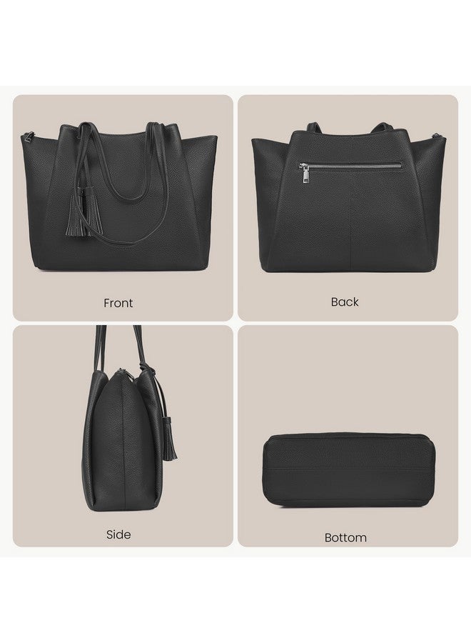 befen Black Genuine Leather Tote Bag for Women Work, Womens Tote Bags Shoulder Purses Totes with Compartments Handbags for Office Travel Casual - Image 4