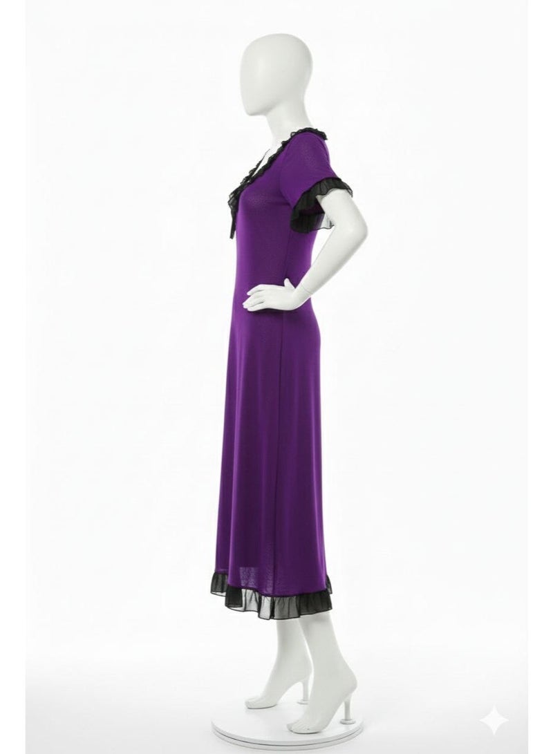 Women's Purple Maxi Nightgown with Black Lace Trim - Soft Cotton Feel Sleepwear Dress - Image 3