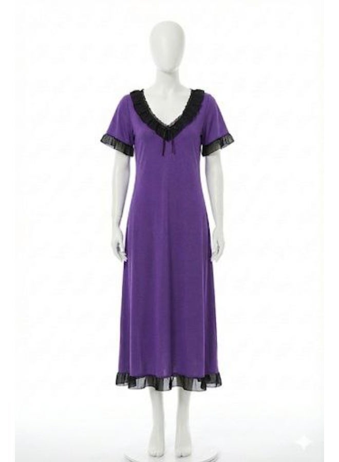 Women's Purple Maxi Nightgown with Black Lace Trim - Soft Cotton Feel Sleepwear Dress - Image 1