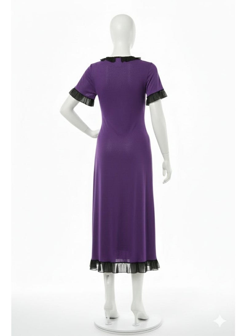 Women's Purple Maxi Nightgown with Black Lace Trim - Soft Cotton Feel Sleepwear Dress - Image 2