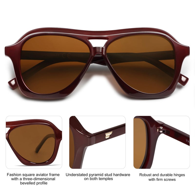 VANLINKER Retro 70s Square Aviator Sunglasses Womens Men Trendy Polarized Vintage Shades VL9768 Burgundy Frame Brown Lens - Image 5