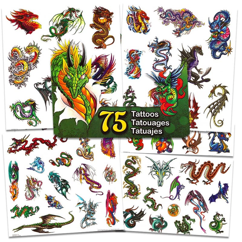 Dragon Temporary Tattoos Party Favor Set -- 75 Dragons Temporary Tattoos with Popart Stickers (Dragon Party Supplies) - Image 1