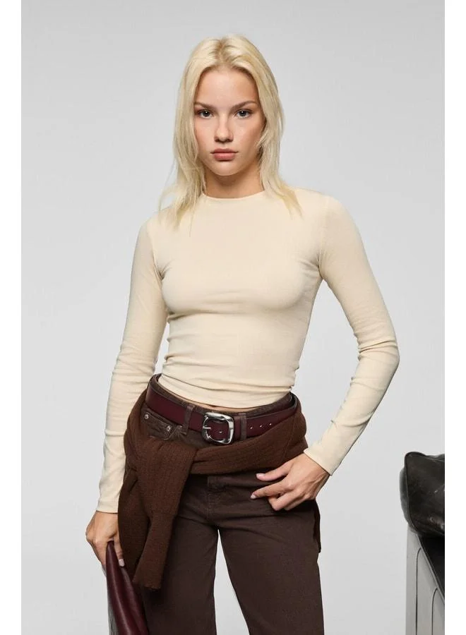 Grimelange GRIGROS Women's Stretch Fabric Body-Fitting Slim Fit Long Sleeve Beige T-Shirt.
