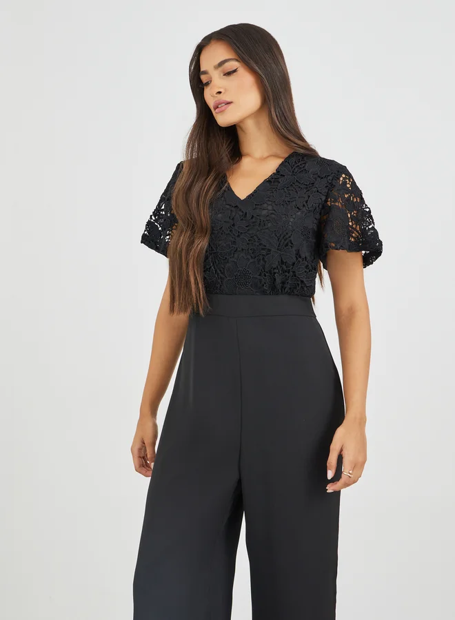 Styli Styli Lace Insert Wide Leg Jumpsuit