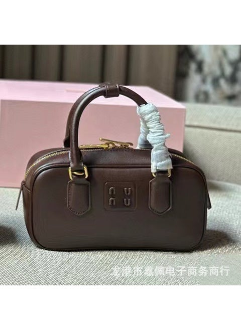 Autumn Winter New Arrival Bowling Handbag Improved Version Small Briefcase Womens Bag Single Shoulder round Pure Leather Boston Small 23x11cm