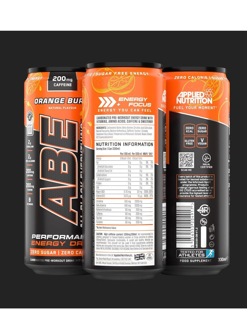 Applied Nutrition Abe Pre Workout Cans Orange burst- Performance Drink, Abe Carbonated Beverage Sugar Free With Caffeine -330Ml  - Image 3