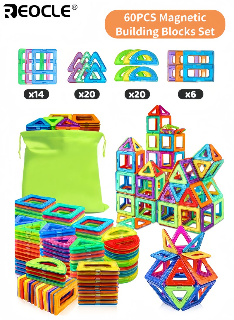 REOCLE 60PCS Magnetic Building Blocks Set with Large Size and STEM Learning Features Educational Magnet Toys with 3D Construction Design for Kids Age 3-6 Early Learning - Image 1