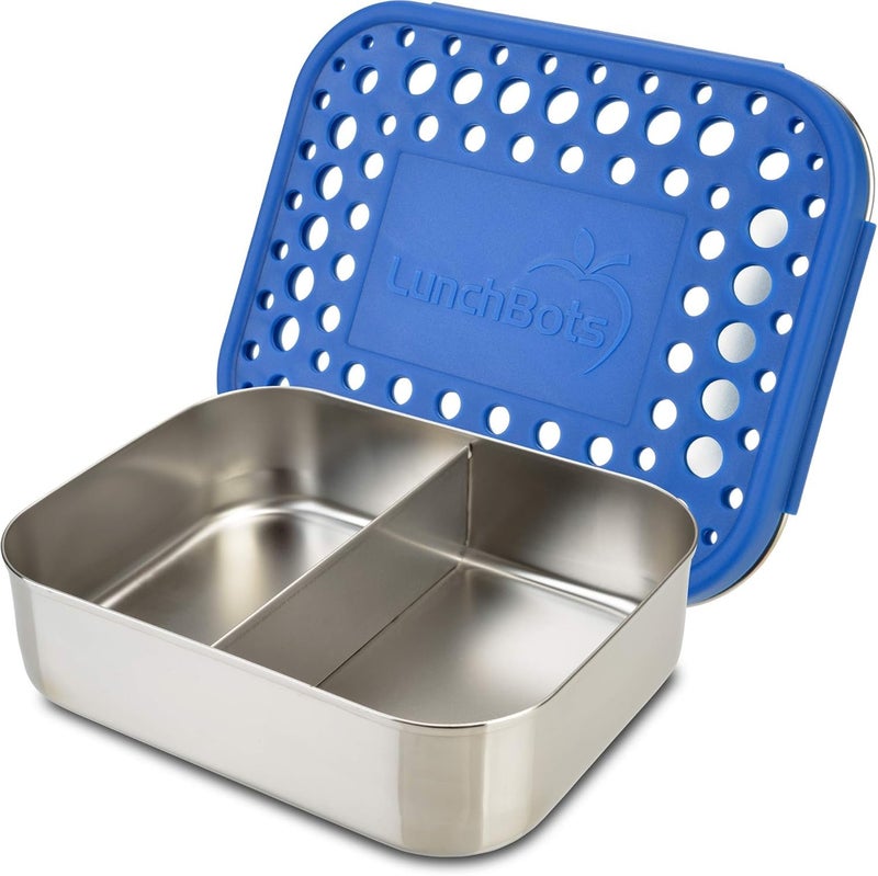 حاوية وجبات الغداء المتوسطة من LunchBots - حاوية طعام مصنوعة من الفولاذ المقاوم للصدأ مقسمة - قسمين لشطيرة نصفية وجانب - صديقة للبيئة - آمنة في غسالة الصحون - غطاء فولاذي - نقاط زرقاء