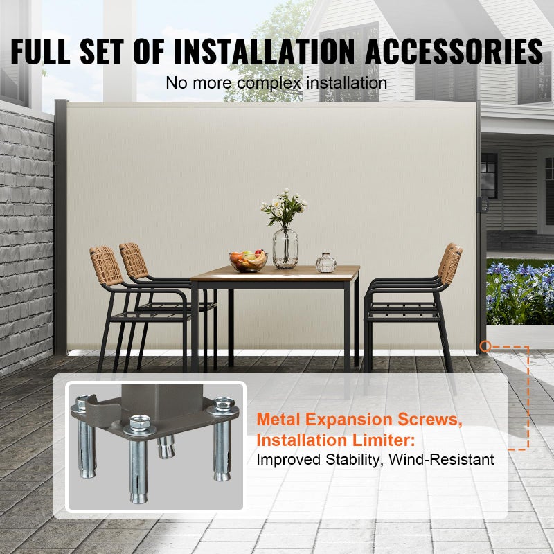 VEVOR Retractable Side Awning, 71''x 138'' Outdoor Privacy Screen, 180g Polyester Water-Proof Retractable Patio Screen, UV 30+ Room Divider Wind Screen for Patio, Backyard, Balcony, Gray - Image 4