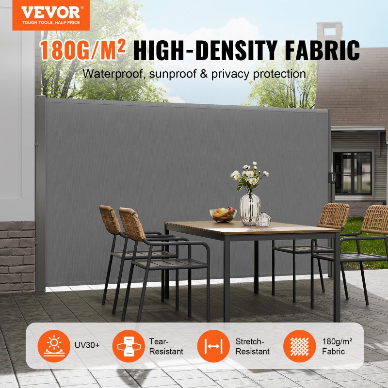 VEVOR Retractable Side Awning, 71''x 138'' Outdoor Privacy Screen, 180g Polyester Water-Proof Retractable Patio Screen, UV 30+ Room Divider Wind Screen for Patio, Backyard, Balcony, Gray - Image 2