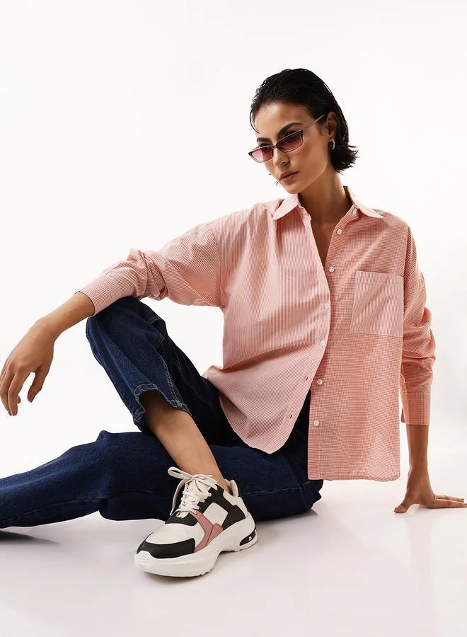 Hubberholme  Women's Multicolour 100% Cotton Colourblocked Button Down Oversized Shirt for Women | Best Price UAE