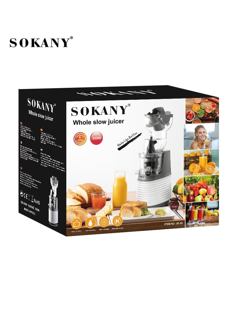 sokany - Slow Masticating Juicer, Slow juicer, Fruit Vegetable Juicer, Cold Press Juicer with High Output 300W JE-32 (White) - Image 1