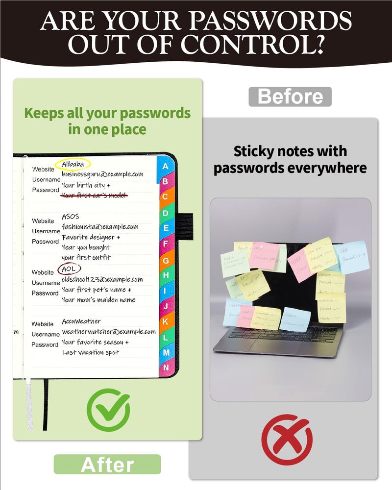 hi!SCI Small Password Keeper Book with Colorful Alphabetical Tabs, Hardcover Password Log-book for Internet Password and Website Address, 4.1"Ã—6.2" Password Notebook for Home Office (Black) - Image 2
