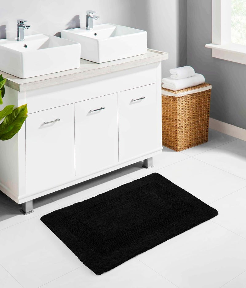 COTTON CRAFT Luxurious Bath Mat Rug - Set of 2 Reversible Heavyweight Step Out Bath Mats for Bathroom Floor  Tub and Shower - Pure Cotton Soft Plush Absorbent Tufted Racetrack Mat - 17x24 inch - Black - Image 2