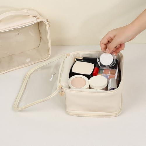 Pocmimut Clear Makeup Bag,Double Layer Large Cosmetic Bag with Makeup Brush Bag,TSA Approved Toiletry Bag Makeup Case Car Accessories Travel Essentials Organizers for Women,Begie - Image 4
