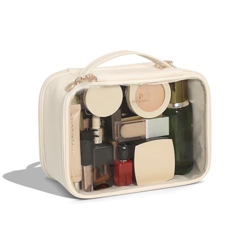 Pocmimut Clear Makeup Bag,Double Layer Large Cosmetic Bag with Makeup Brush Bag,TSA Approved Toiletry Bag Makeup Case Car Accessories Travel Essentials Organizers for Women,Begie - Image 1