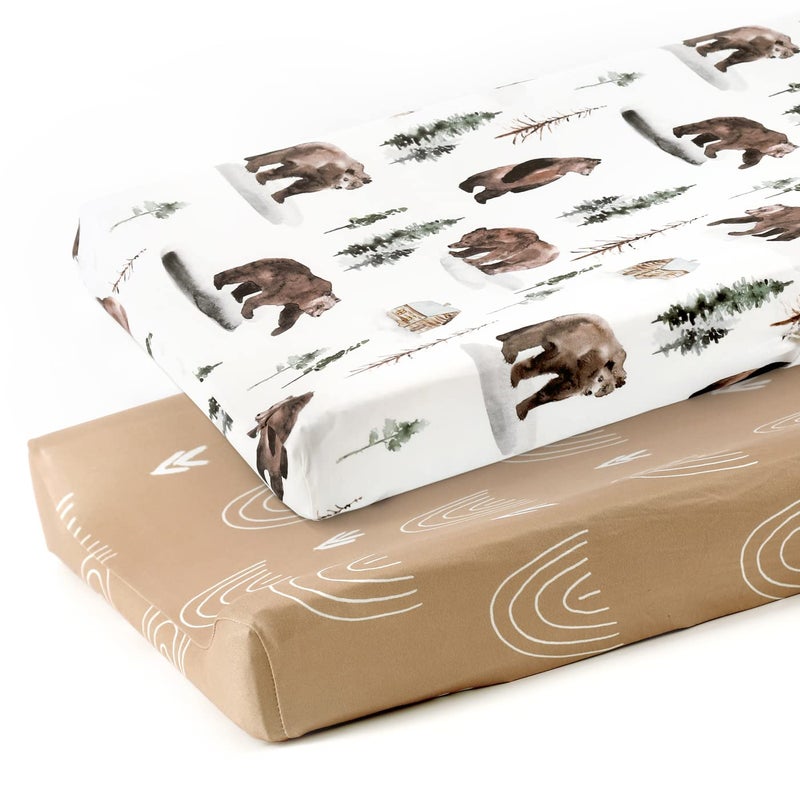 GRSSDER Stretch Ultra Soft Jersey Knit Changing Pad Covers Set 2 Pack Change Table Pad Covers Fit 3234 x 16 Pads Safe and Snug Jungle BearRainbow for Baby