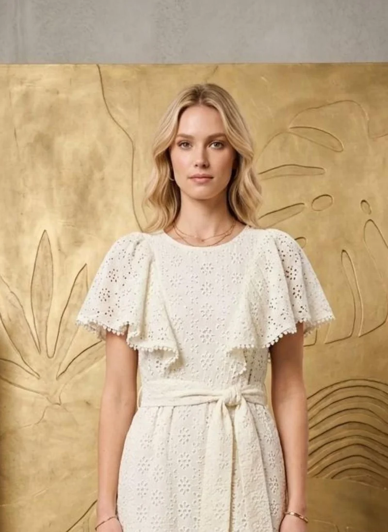 Alaya ivory Women  With Belt Cotton Midi Dress -AL3753 for Women | Best Price UAE