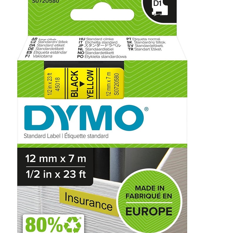 DYMO D1 Cassette 12mm Black On Yellow - Image 1