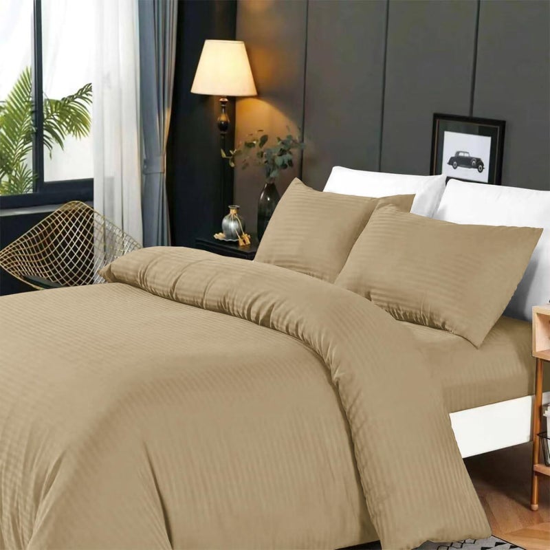 Aristocrat 4-Piece Stripe Microfiber Duvet Cover Set | Queen | Includes 1 Duvet Cover (220x240cm), 1 Deep Pocket Fitted Sheet (180x200+30cm) & 2 Pillowcases (53x75+15cm) | Ultra Soft, Breathable & Wrinkle Resistant | beige - Image 1