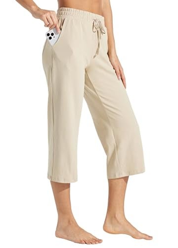 Willit Women's Capris Pants Cotton Yoga Capri Casual Lounge Pants Wide Leg Workout Sweatpants with Pockets 20" Khaki L - Image 1