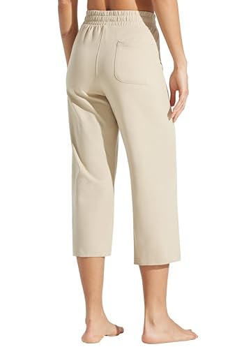 Willit Women's Capris Pants Cotton Yoga Capri Casual Lounge Pants Wide Leg Workout Sweatpants with Pockets 20" Khaki L - Image 2