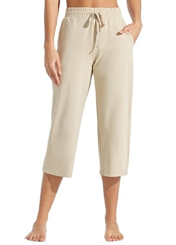 Willit Women's Capris Pants Cotton Yoga Capri Casual Lounge Pants Wide Leg Workout Sweatpants with Pockets 20" Khaki L - Image 3