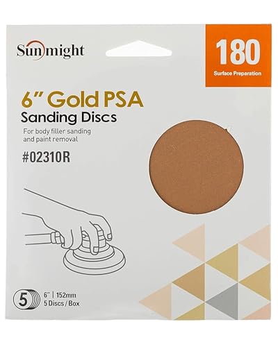 Sunmight Gold Retail Pack 6 Inch PSA Sanding Discs – Stick On Self Adhesive Sandpaper Pads for DA Sander, Auto Body, Wood, Metal, Polishing, Dry Sand Paper – Dual Action Grit Disks – 220G, 5 Discs - Image 1
