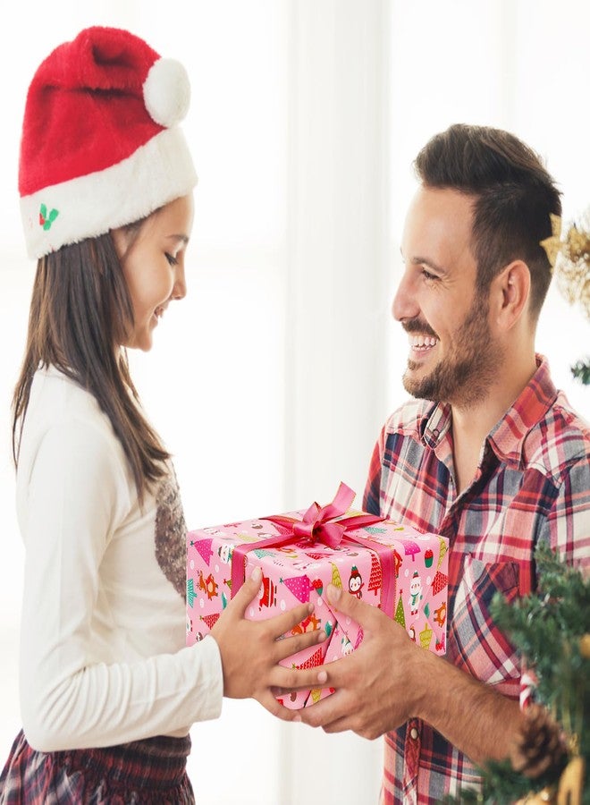 NEPOG Pink Christmas Wrapping Paper, Vintage Santa Bear & Snowman Xmas Wrapping Paper With Pink Ribbon, 7 Sheets Folded Flat 20x30 inches per sheet For Kids' Christmas Party - Image 5