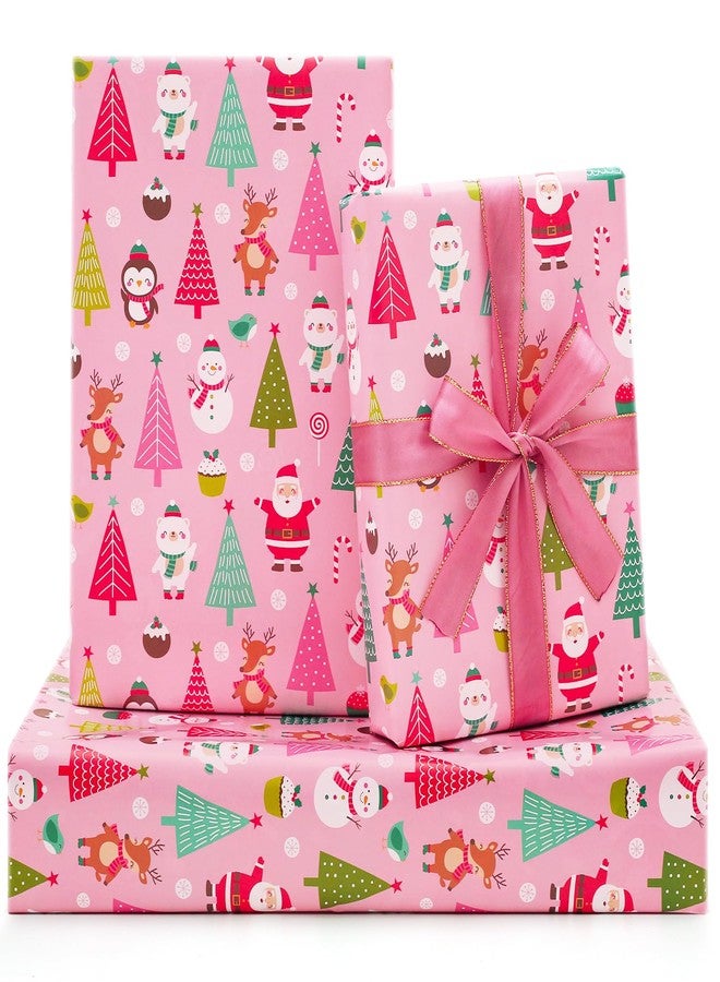 NEPOG Pink Christmas Wrapping Paper, Vintage Santa Bear & Snowman Xmas Wrapping Paper With Pink Ribbon, 7 Sheets Folded Flat 20x30 inches per sheet For Kids' Christmas Party - Image 1