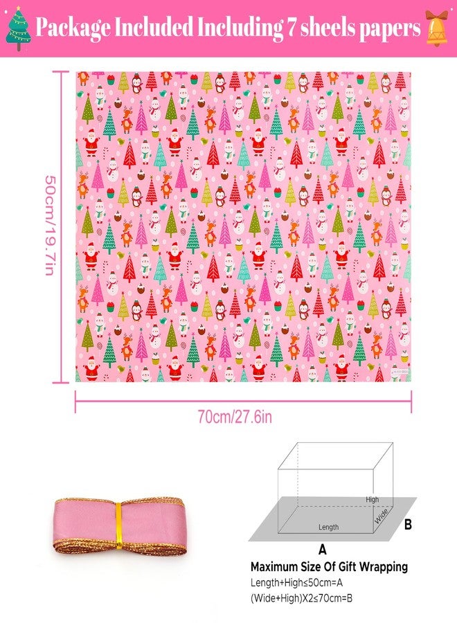 NEPOG Pink Christmas Wrapping Paper, Vintage Santa Bear & Snowman Xmas Wrapping Paper With Pink Ribbon, 7 Sheets Folded Flat 20x30 inches per sheet For Kids' Christmas Party - Image 2