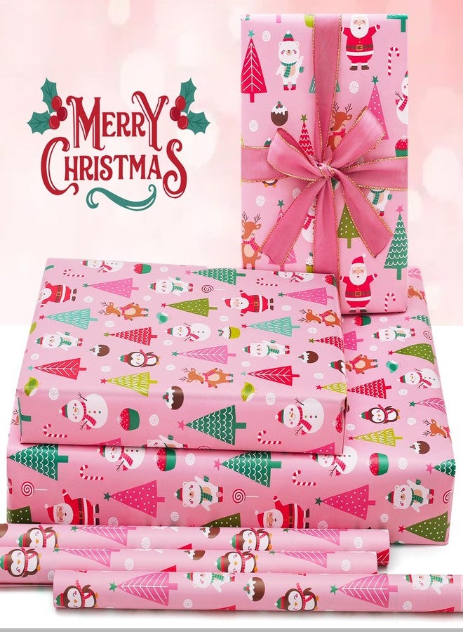 NEPOG Pink Christmas Wrapping Paper, Vintage Santa Bear & Snowman Xmas Wrapping Paper With Pink Ribbon, 7 Sheets Folded Flat 20x30 inches per sheet For Kids' Christmas Party - Image 3