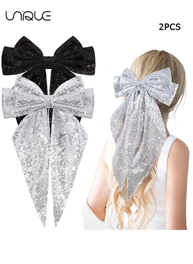 Unique 2 Pcs Hair Clip - Shiny Big Bow Hair Clip - Mesh Ribbon Bow Hairpin - Black & Silver Bow Hair Dress Up Accessories for Party/Show/Wedding - Image 1