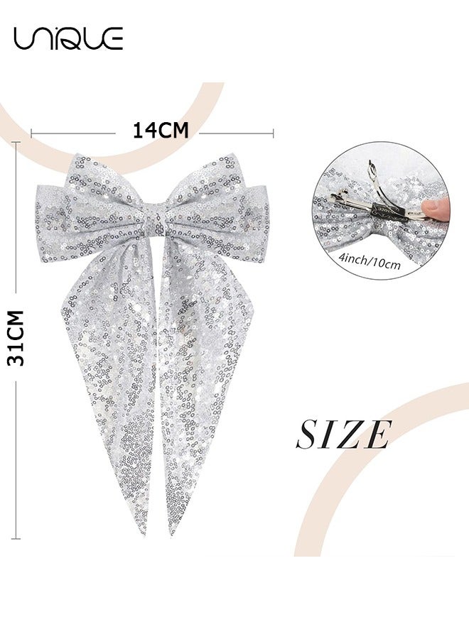 Unique 2 Pcs Hair Clip - Shiny Big Bow Hair Clip - Mesh Ribbon Bow Hairpin - Black & Silver Bow Hair Dress Up Accessories for Party/Show/Wedding - Image 2