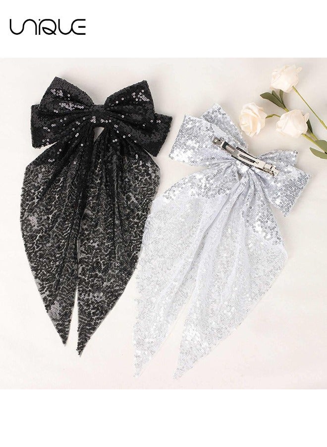 Unique 2 Pcs Hair Clip - Shiny Big Bow Hair Clip - Mesh Ribbon Bow Hairpin - Black & Silver Bow Hair Dress Up Accessories for Party/Show/Wedding - Image 3