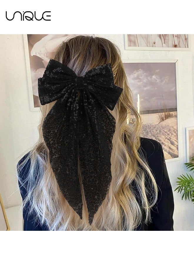 Unique 2 Pcs Hair Clip - Shiny Big Bow Hair Clip - Mesh Ribbon Bow Hairpin - Black & Silver Bow Hair Dress Up Accessories for Party/Show/Wedding - Image 4